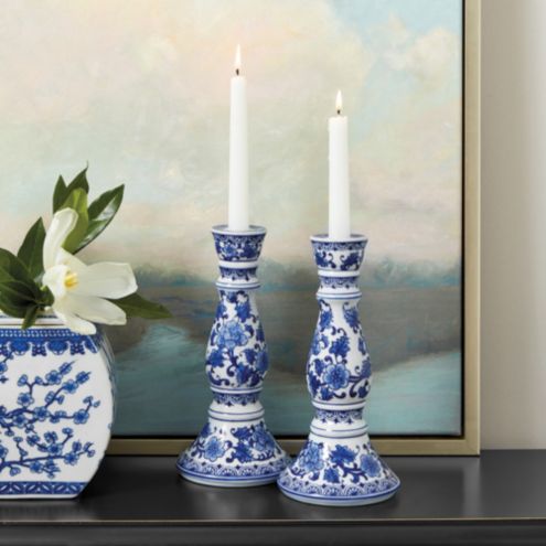 blue and white candle holders