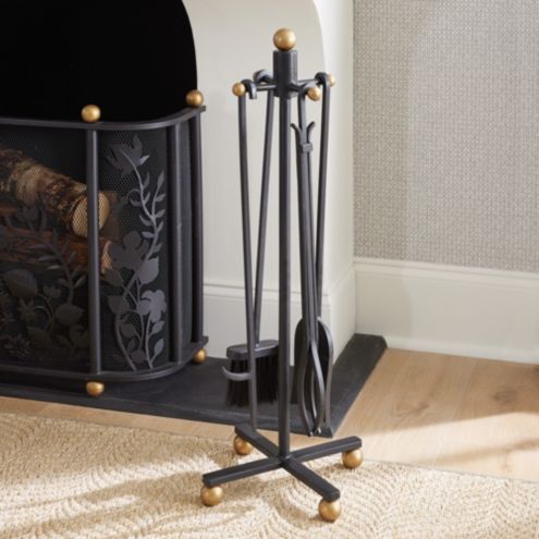Brixham Fire Tools Set with Golden Accents & Handmade Iron Stand
