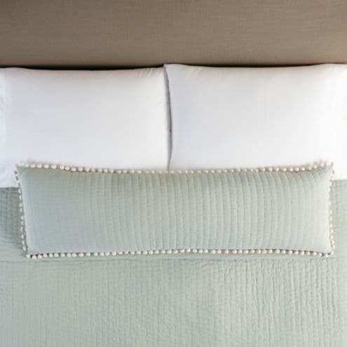 Audree Pom Pom Quilted Lumbar Pillow with Feather Down Insert & Tie Closure - color: Cornflower