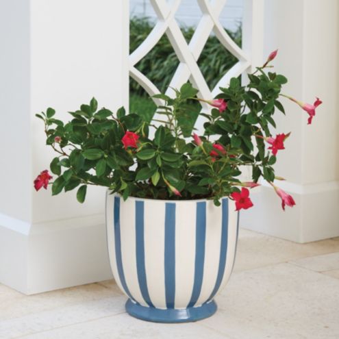 Allison Stripe Planter with Hand Painted Blue & White Stripes for Indoor/Outdoor Use