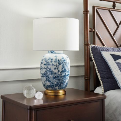 Mai Chinoiserie Ginger Jar Lamp Blue & White with Drum Shade