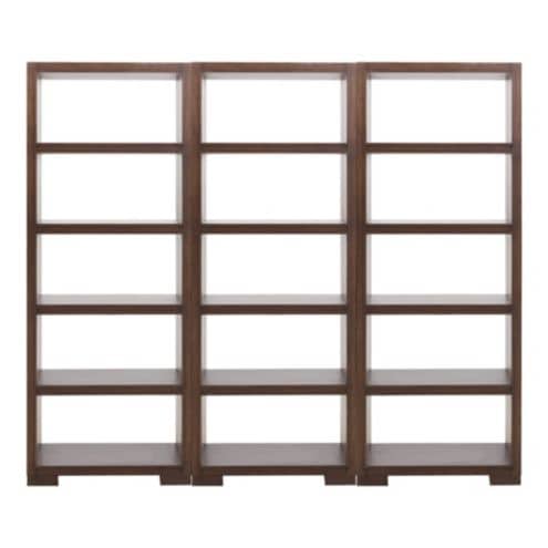 Three-section walnut modular bookcase on a white background.