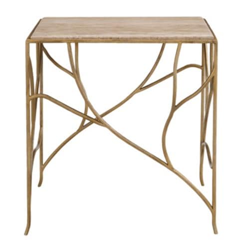 Marcel Side Table with Hammered Gold Finish & Travertine Marble