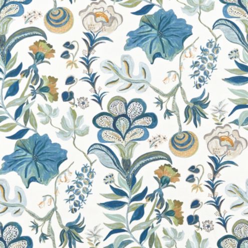 Isadore Blue Floral Cotton Linen Upholstery Fabric by the Yard