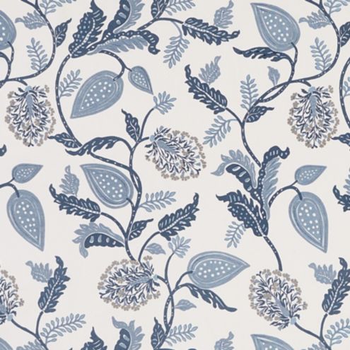 Indigo Blue and White Floral Print Upholstery Fabric by the Yard