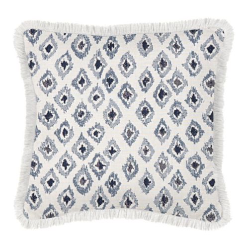 Fringed Outdoor Ikat Cornflower Pillow