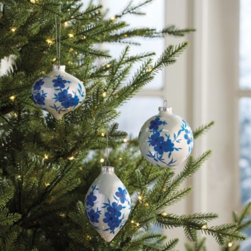 Blue Floral Glass Ornaments - Set of 3