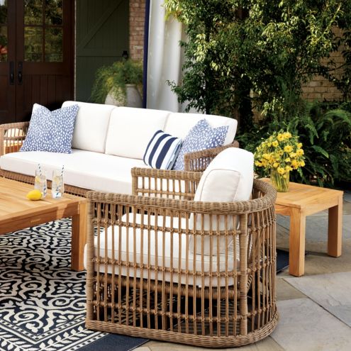 SK Harbour Sofa with Hand Woven Rattan & Off White Cushions