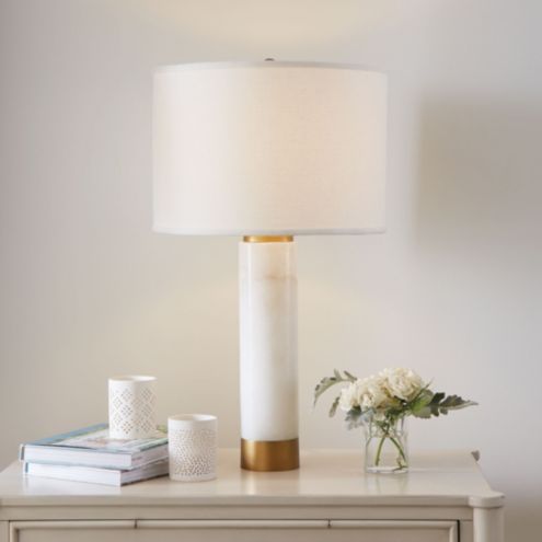 Rose Alabaster Table Lamp Base & Conical Shade White Linen