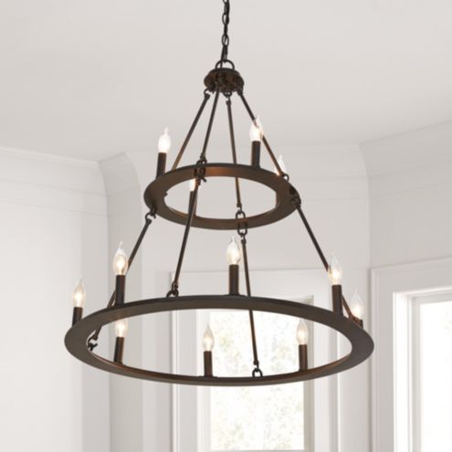 Grafton 12 Light Two Tiered Bronze Wheel Chandelier Hanging Fixture