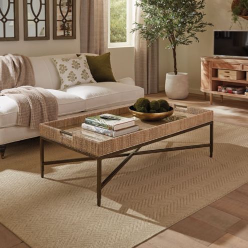 Alaya Woven Coffee Table with Abaca & Antique Brass Frame