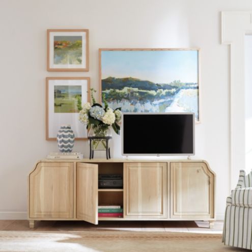 Gloria Media Console with Carved Panel Doors & Adjustable Shelves