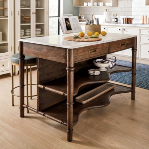 Wallis Kitchen Island with Marble Top & Acacia Wood Base with Storage