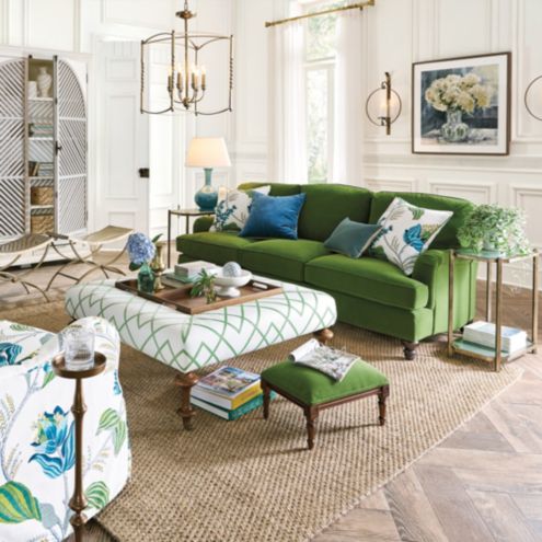 Eton Sofa in Performance Velvet Green with Walnut Stocked