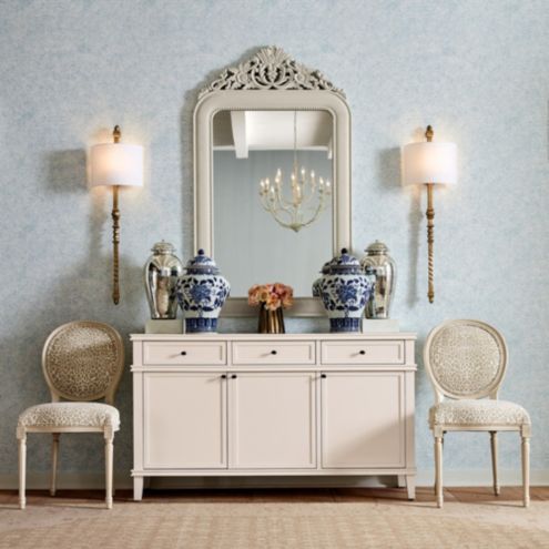 Windsor Mirror with Carved Floral Crest & Beaded Accents in Ivory